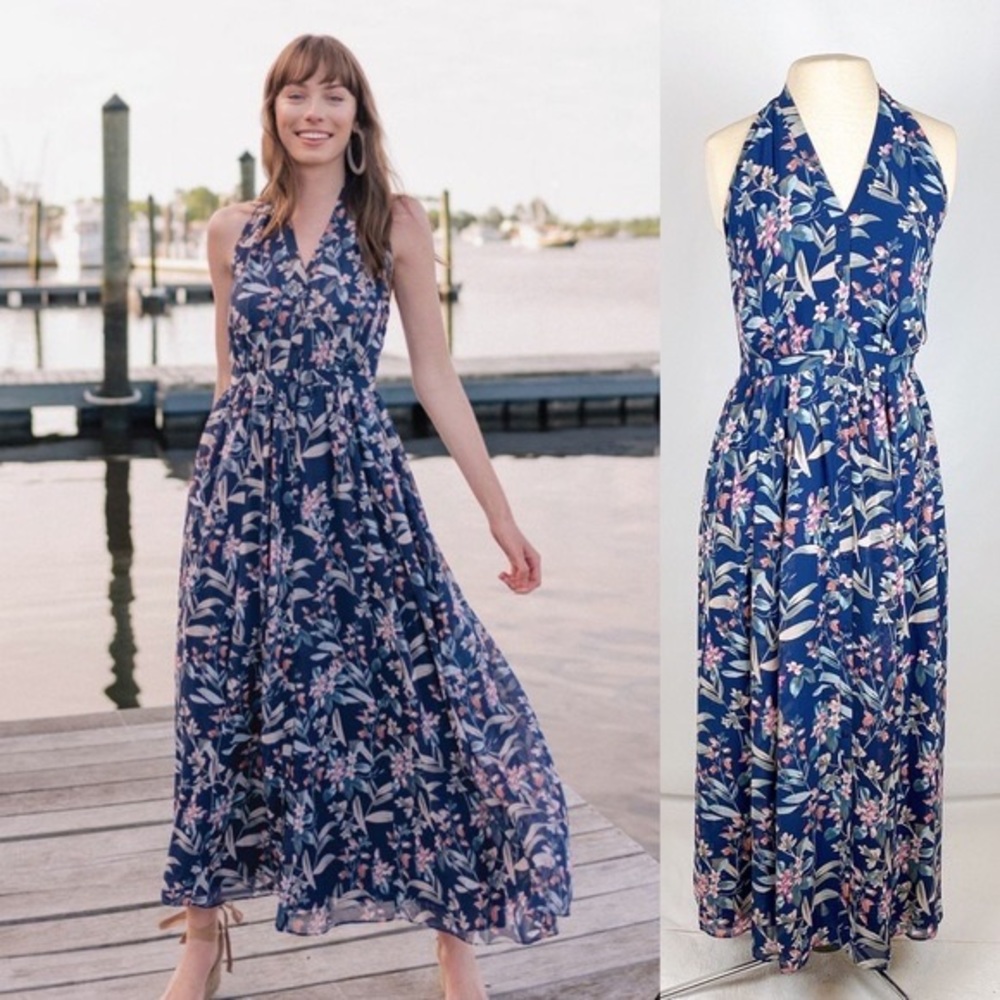 Gal Meets Glam Blue Siena Floral Mid-length halter dress